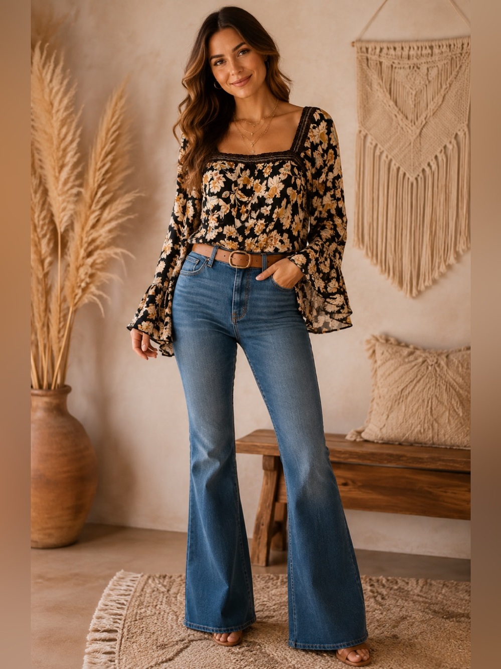 Free People Floral Lace Bell Sleeve Bodysuit